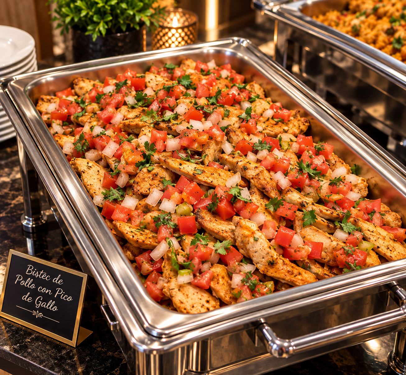 Bistec de pollo con pico de gallo en el buffet