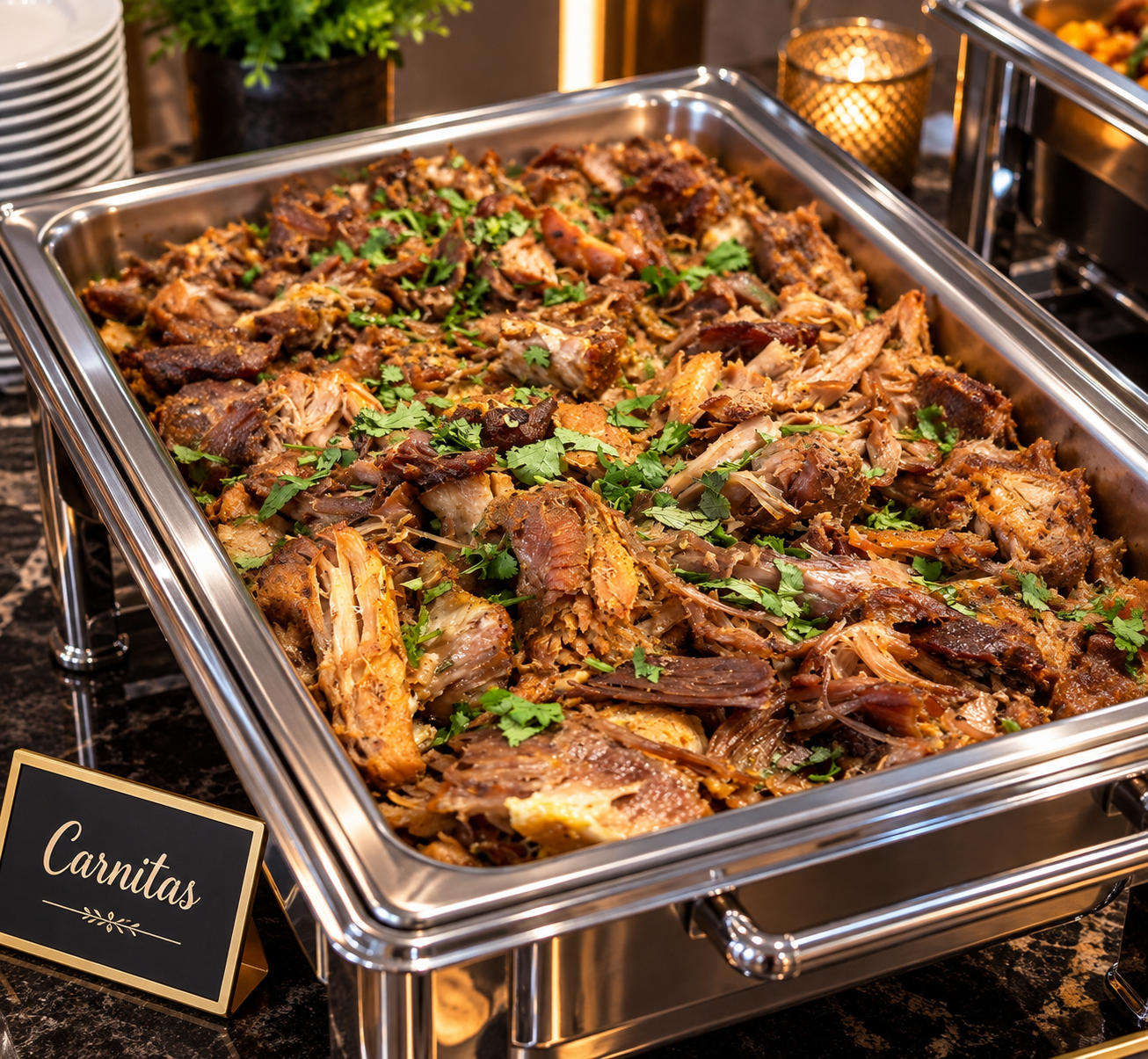 Carnitas doradas con cilantro fresco en bandeja de buffet