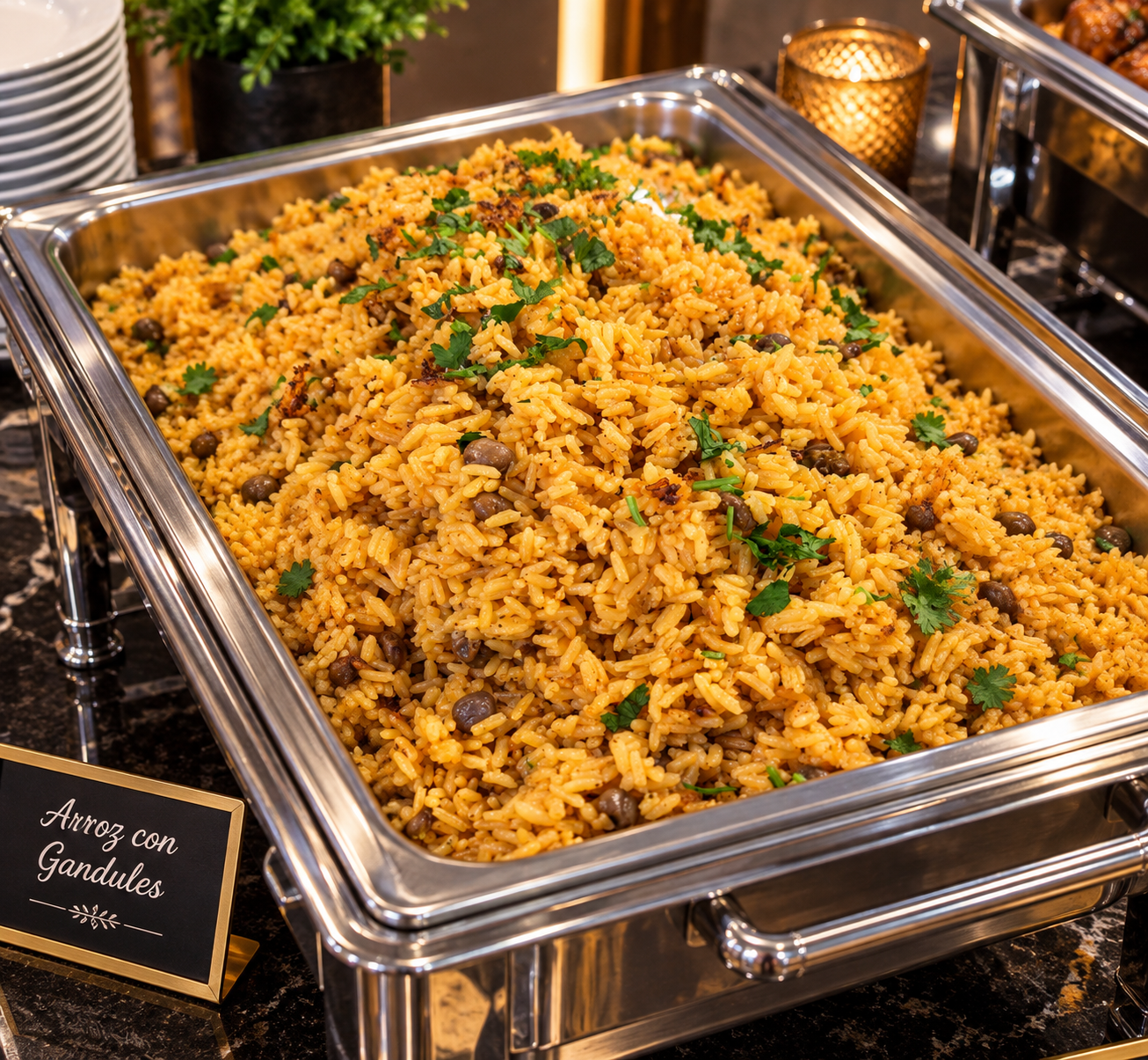 Bandeja de arroz con gandules recién servida en el buffet