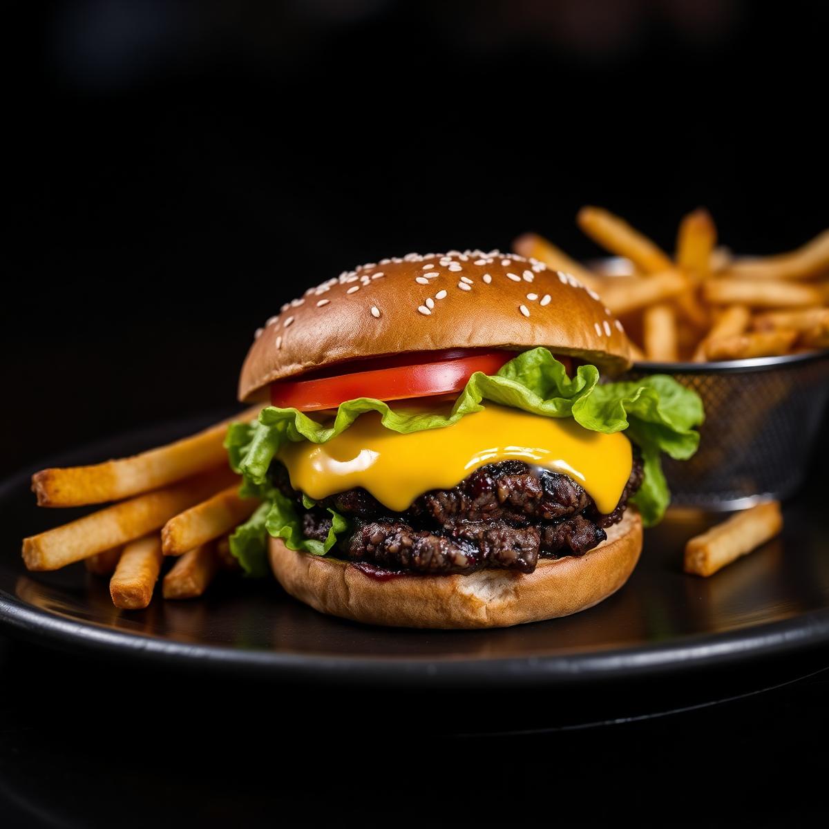 Hamburguesa con queso cheddar y papas fritas al lado