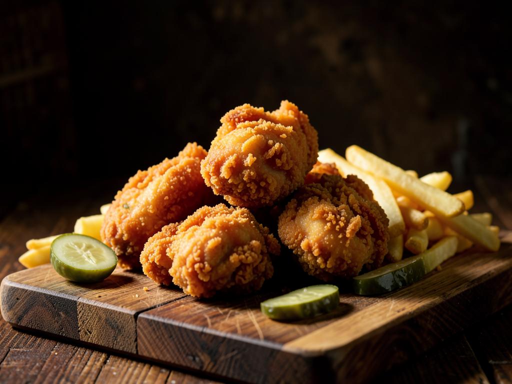 Pollo frito dorado y crujiente sobre tabla de madera con papas fritas y pepinillo