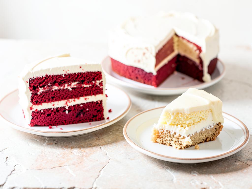 Rebanada de red velvet y porción de tres leches en platos de cerámica