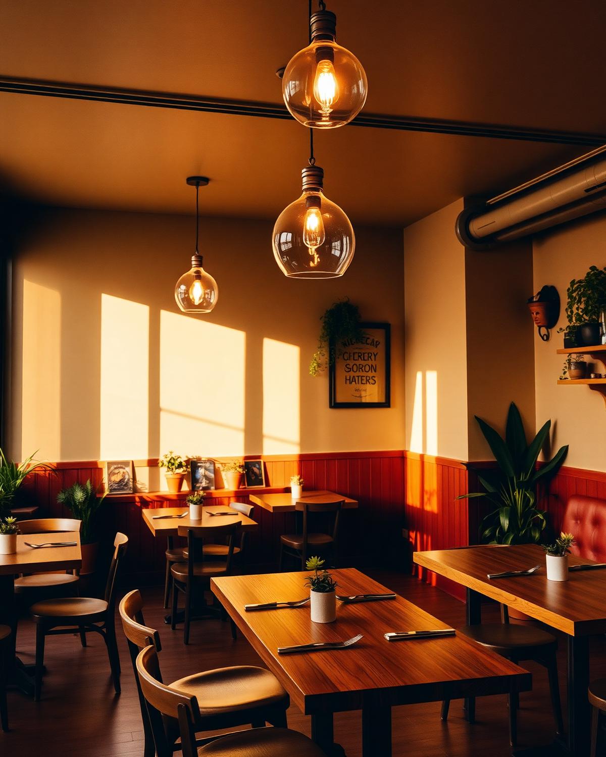 El comedor de Rosa's con lámparas colgantes y mesas de madera
