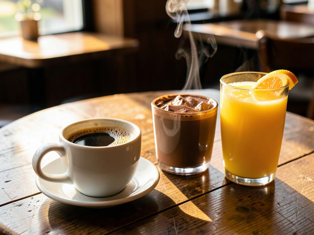 Taza de café negro, chocolate caliente y vaso de jugo de naranja en mesa de madera