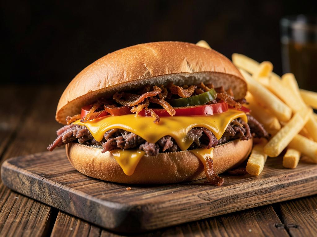 Philly cheesesteak en pan hoagie con carne, queso americano derretido y papas fritas