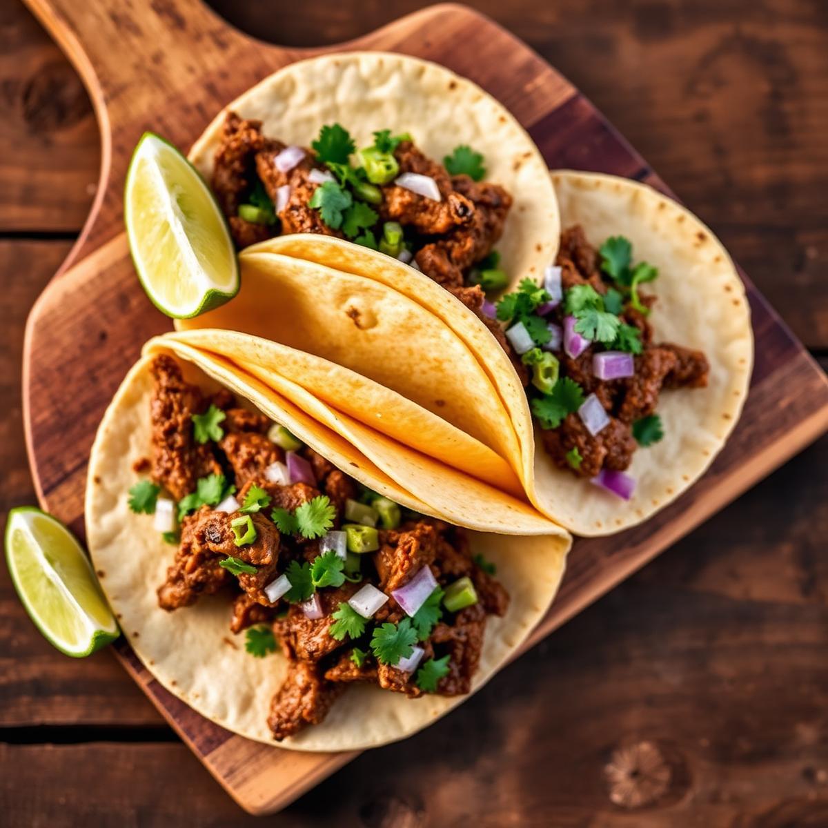 Tres tacos de carne asada con cilantro, cebolla y limón